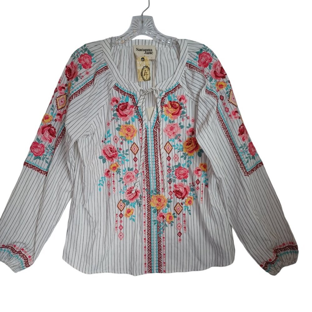 Savanna Jane Womens Ivory Floral Embroidered Pinstripe‎ Peasant Blouse Small NWT